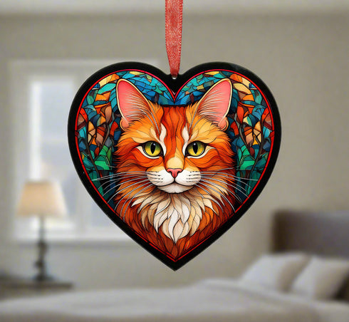 Ginger Cat Stained Glass Effect Heart Suncatcher